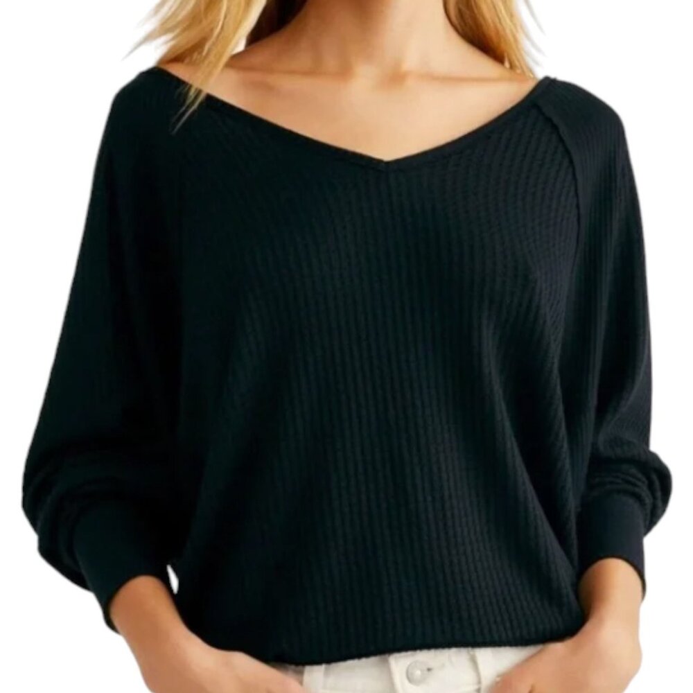 Free People Waffle Knit V-Neck Top Slouchy Oversized Beachy Boho Black NWT